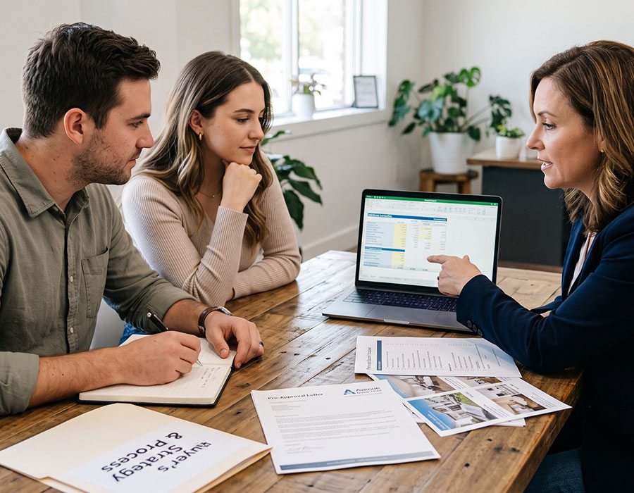 Buyers meeting with their agent to review a pre-approval letter and property options