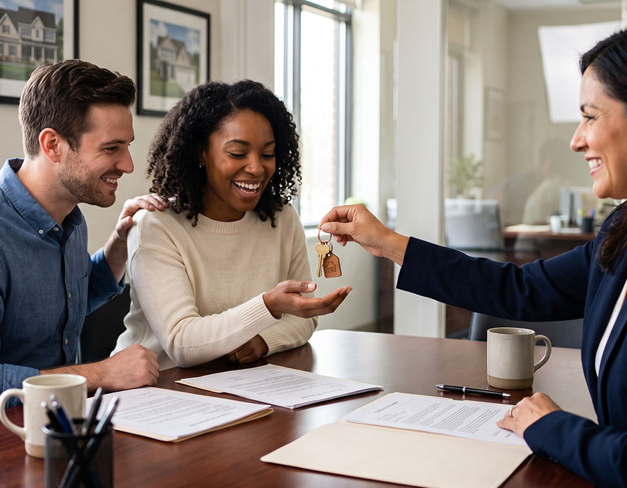 Agent handing over the keys to a smiling couple at closing