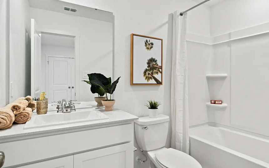 Full bathroom with a white vanity, tub and shower combination, and large mirror