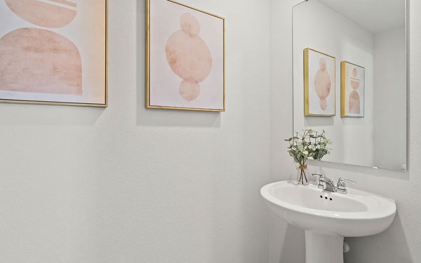 Powder room with a pedestal sink, wall mirror, and framed artwork