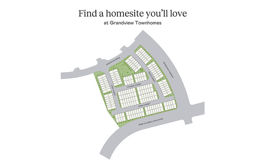 Grandview Townhomes community map showing homesites and internal streets