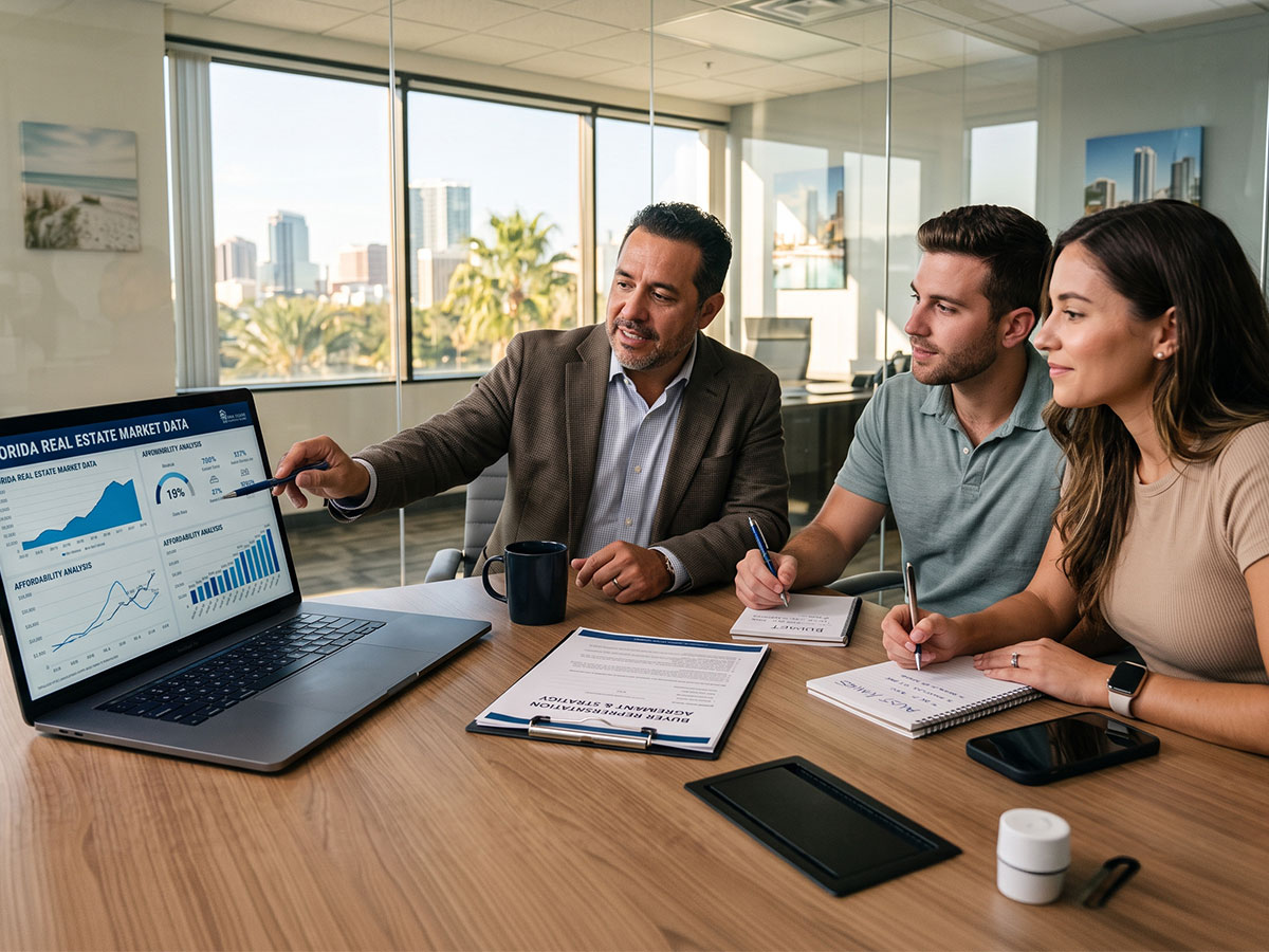 Real estate agent reviewing Florida market data and an affordability analysis on a laptop with two buyers in an office