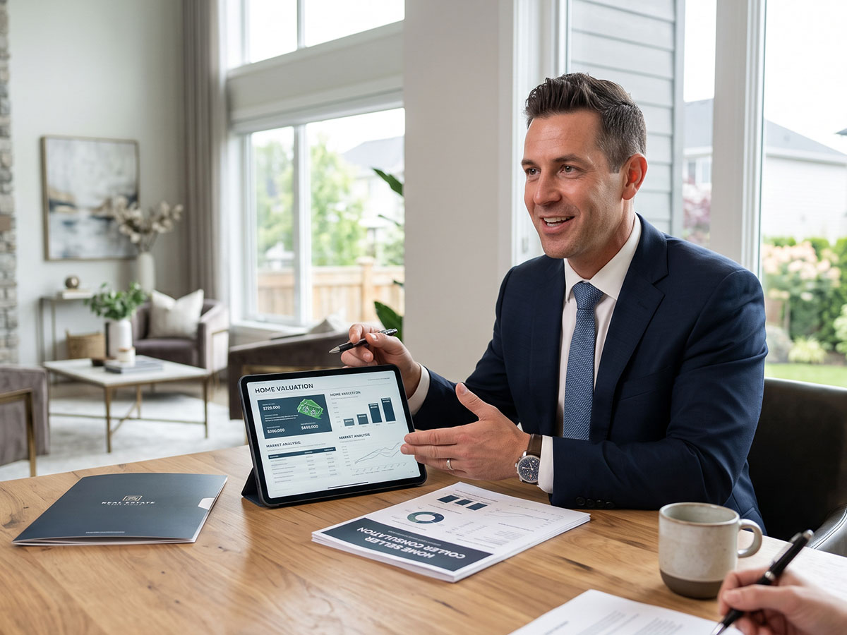Real estate agent presenting a home valuation report on a tablet during a seller consultation