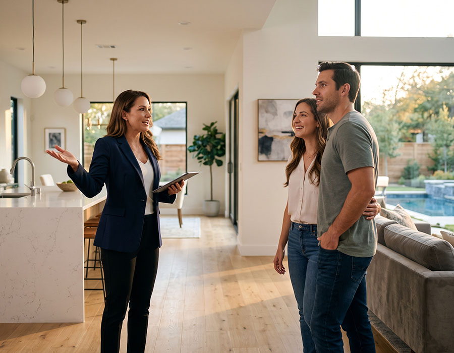 Buyers touring a home's kitchen while reviewing matched listings on a tablet