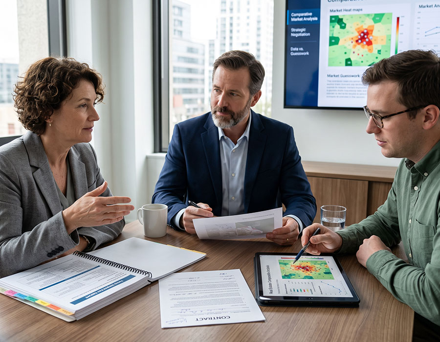 Agent and buyers reviewing a comparative market analysis and contract during negotiation