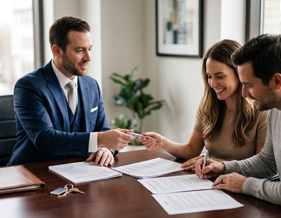 Agent handing over paperwork to sellers signing at closing