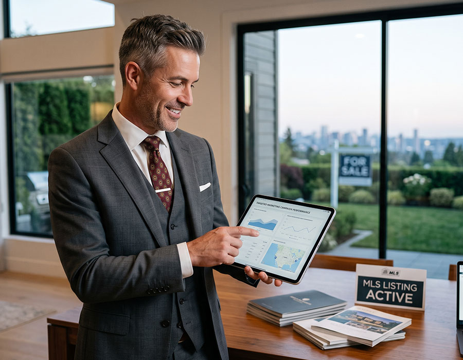 Agent reviewing active MLS listing performance on a tablet in front of a For Sale sign