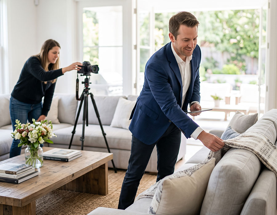 Agent staging a living room while a photographer sets up for professional listing photos